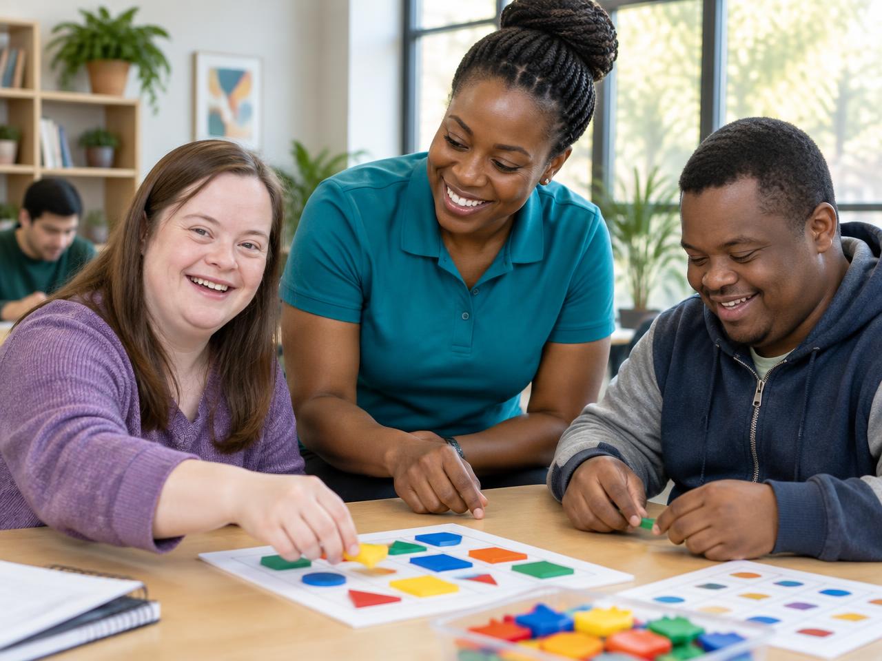 Adults with developmental disabilities and a professional support worker in a learning program
