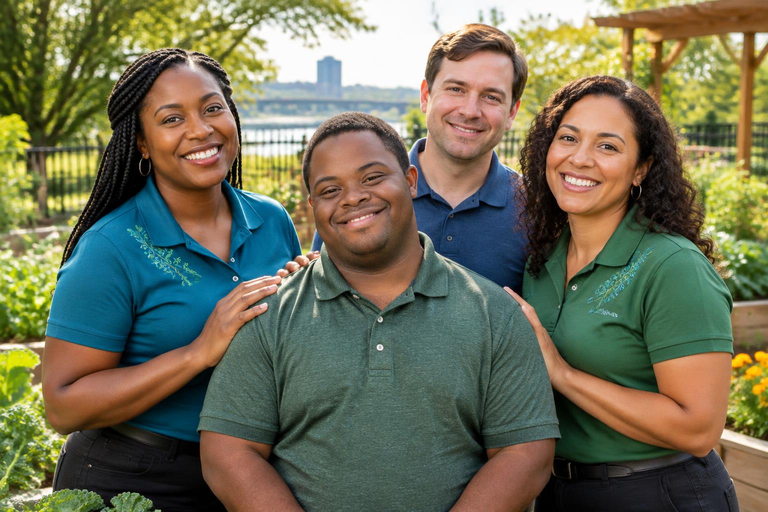 A confident adult with Down syndrome with a diverse, professional support team