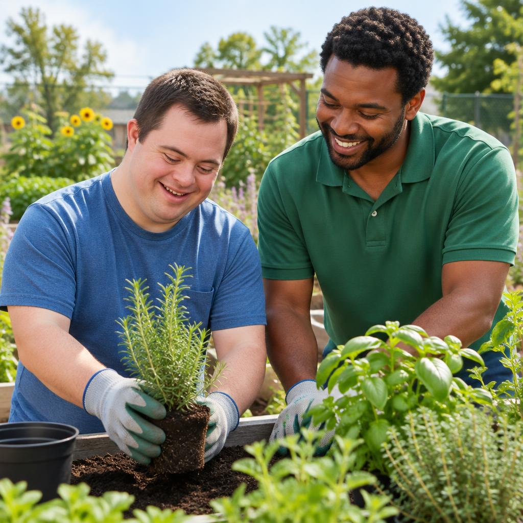 An adult with Down syndrome and a professional support worker gardening together